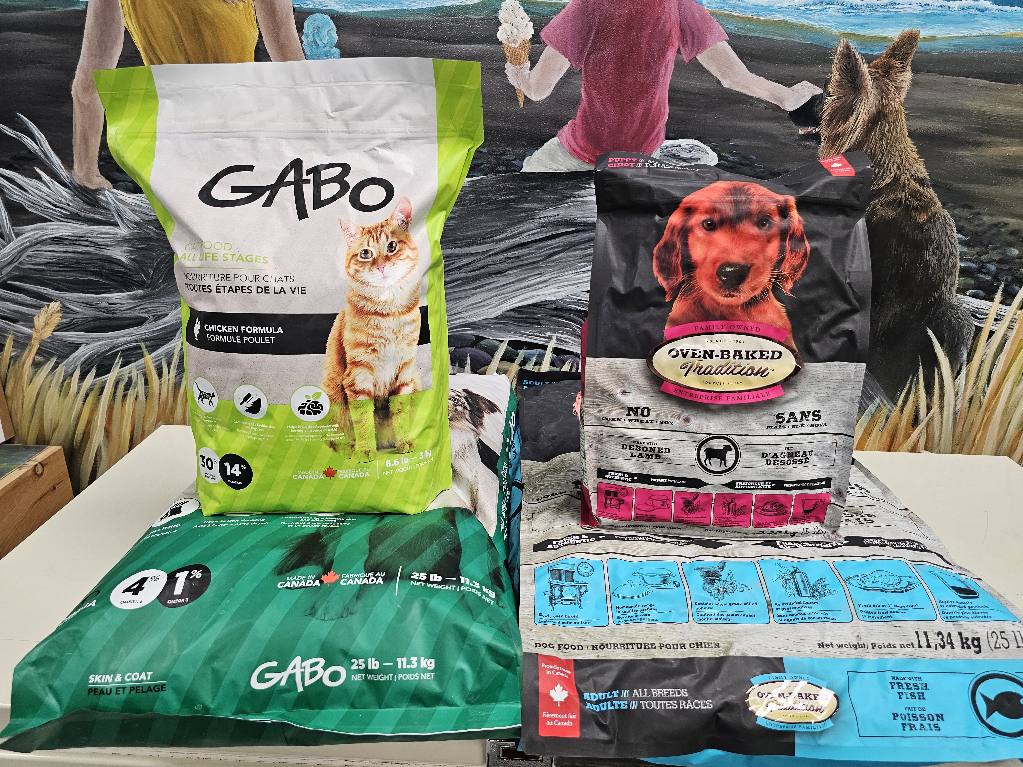 Gabo pet products organized on store shelves